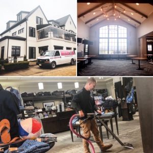 A collage of images, outside the Golf Club, an inside view, and the team working on the inside of the club.